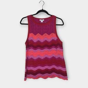 Sundance Pink Red Open Knit Sleeveless Sweater Tank Cotton Women's Large